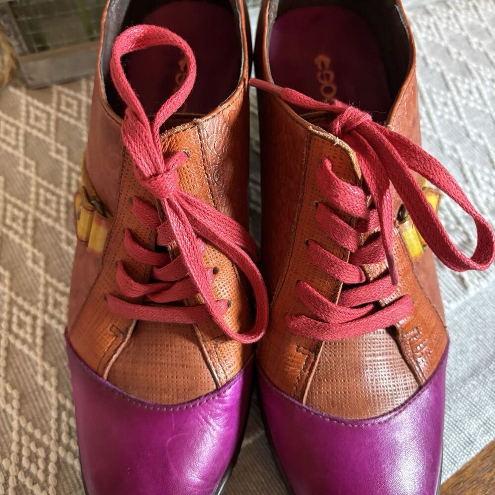 SOCOFY Multi-color  Embossed  Lace Up Ankle Retro/Vintage  Pumps ‎ sz39 (8-8.5). - Picture 6 of 10